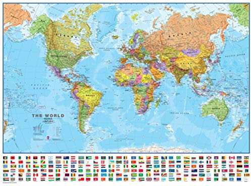 Große politische Weltkarte - mit laminierten Flaggen - Aktualisiert 2025-118,9 cm (B) x 84,1 cm (H) Maps International
