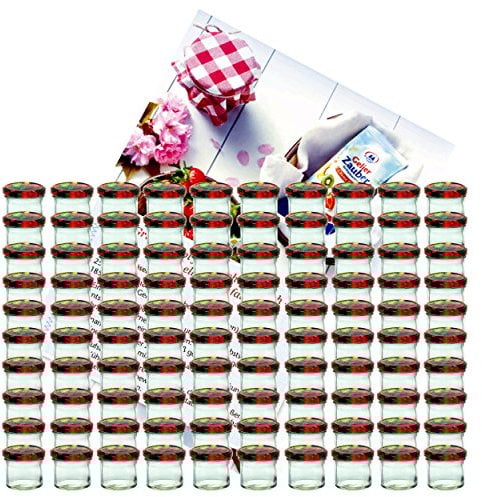 MamboCat 100er Set Sturzglas 125 ml Marmeladenglas Einmachglas Einweckglas to 66 Obst Dekor Deckel incl. Diamant-Zucker Gelierzauber Rezeptheft