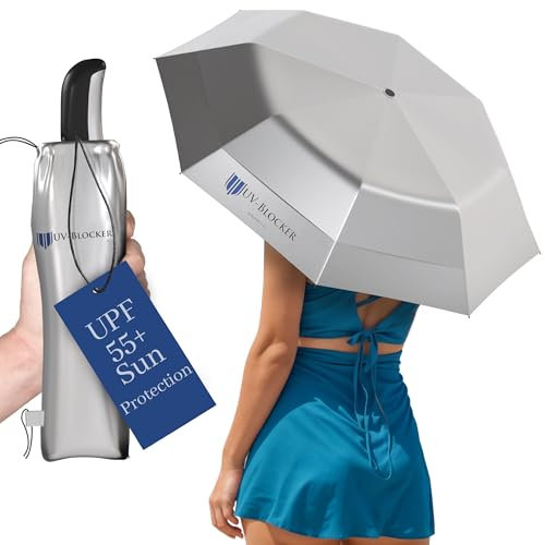 Paraguas UV-Blocker con protección UPF 55+, apertura automática, tamaño de viaje, toldo ventilado, resistente al viento, 44 pulgadas