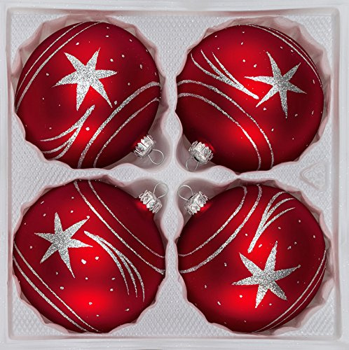 4 TLG. Glas-Weihnachtskugeln Set 10cm Ø in Classic Rot Silber Komet- Christbaumkugeln - Weihnachtsschmuck-Christbaumschmuck 10cm Durchmesser