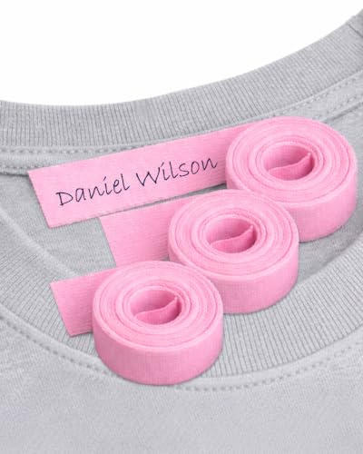 9 Metros de Cinta en Tela Rosa termoadhesiva. Hasta 150 Etiquetas para Planchar, Personalizar con boli. No Incluye bolígrafo.