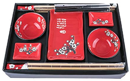 lachineuse - Service de Table Japonais Rouge Fleurs de Cerisier - Vaisselle Japonaise Traditionnelle - Bols à Riz, Assiettes, Baguettes, Sauciers & Nattes Bambou pour 2 Personnes - Cadeau Japon Asie