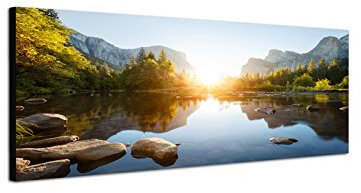 Wandbild auf Leinwand als Panorama in 150x50cm Yosemite Berge Wald Fluss Sonnenaufgang