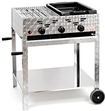 Gasgrill-Kombibräter 11kW 3-flammiger Edelstahl-Brenner fahrbar mit kleinem Grillrost und kl. emaillierter Stahlpfanne Gastrobräter Profigrill