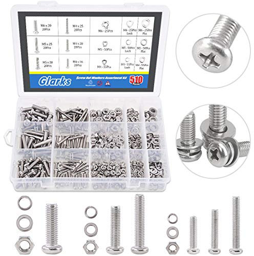 Glarks Juego de 510 tornillos de cabeza plana Phillips M4 M5 M6 de 6 tamaños métricos de acero inoxidable 304, tornillos y tuercas con arandelas planas y arandelas de bloqueo