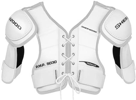 SHER-WOOD - Erwachsenen Schulterschutz 5030 Eishockey Tradition Classic I Hohe Schutzfunktion I anatomisch geformte Schulterklappen I Poly-Verstärkungung am Brustbein, Bizeps & Wirbelsäule - Weiß