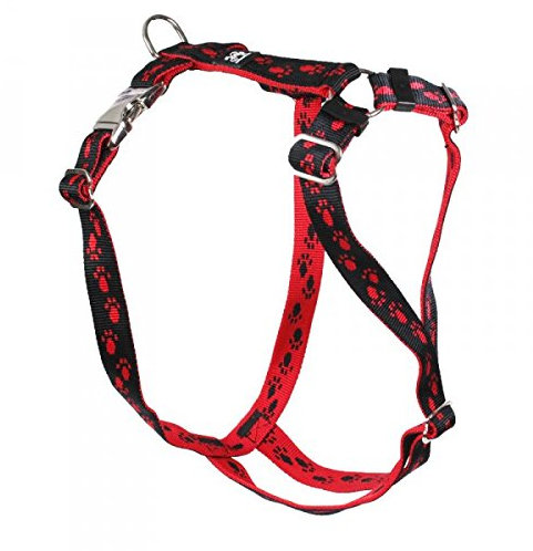 Feltmann Premium Hundegeschirr mit Alu-Max®-Metall-Steckschlössern, Soft-Nylonband schwarz, rote Pfötchen 50-65 cm, 20 mm