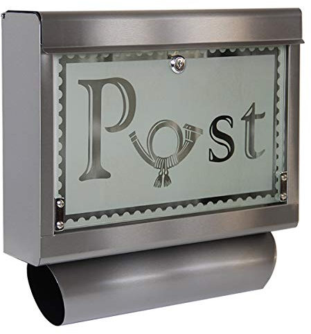 HELO 'M1' Edelstahl Briefkasten mit Zeitungsfach, großem Einwurf und Glasfront aus satiniertem Sicherheitsglas, Postkasten abschließbar inkl. 2 Schlüsseln - Motiv: Posthorn