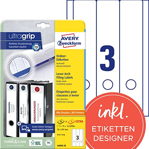 AVERY Zweckform L6059-25 Ordnerrücken Etiketten (90 Rückenschilder mit ultragrip, 59x297mm auf A4, breit/lang, selbstklebend, absolut blickdicht, bedruckbare Ordneretiketten) 30 Blatt, weiß