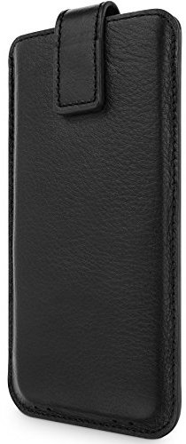 WIIUKA Echt Ledertasche - Close - für Apple iPhone 8 Plus, iPhone 7 Plus und iPhone 6S Plus / 6 Plus Schwarz, extra Dünn, mit Rausziehband, Premium Design Hülle