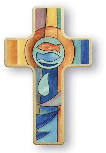 Butzon & Bercker Kinderkreuz aus Buche 7x11cm - Fische - Wandkreuz | Farbiges Holzkreuz mit Fisch-Motiv - Ideal als Geschenk zur Taufe, Kommunion oder Einschulung für Kinderzimmer