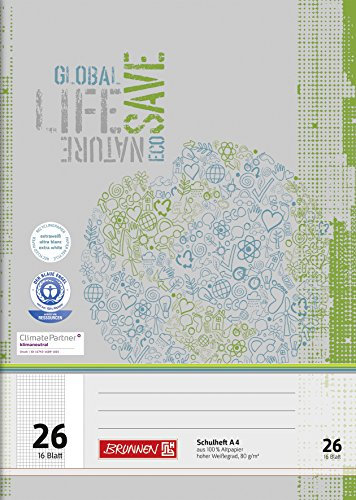 BRUNNEN Schulheft Recycling | A4, Lineatur 26, 16 Blatt, grün/grau
