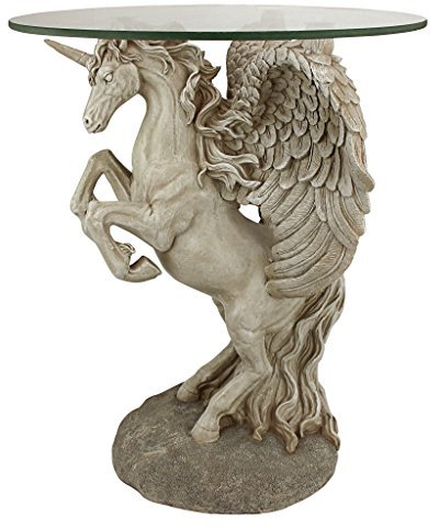Design Toscano EU31323 mystisches Geflügeltes Einhorn Tisch mit Glasplatte, Resin, bunt, 40.5 x 40.5 x 53.5 cm