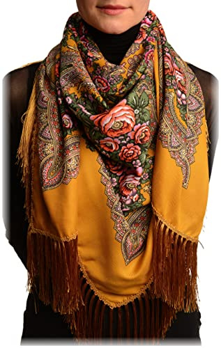 LissKiss Mustard Plyaski Slavonic Russian Folk Style Shawl - Beige Scarf, Schal, Einheitsgroesse - 110cm x 110cm