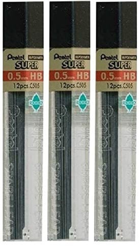 Pentel 0.5mm Size HB Shade Hardness Pencil Refill Replacement Spare Leads Hi Pollymer Super For Automatic & Mechanical Pencils (Pack Of 3 Tubes - 36 Pieces)