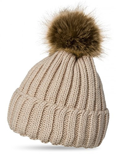 Caspar MU054 Damen Winter Strickmütze mit großem Fellbommel, Farbe:beige