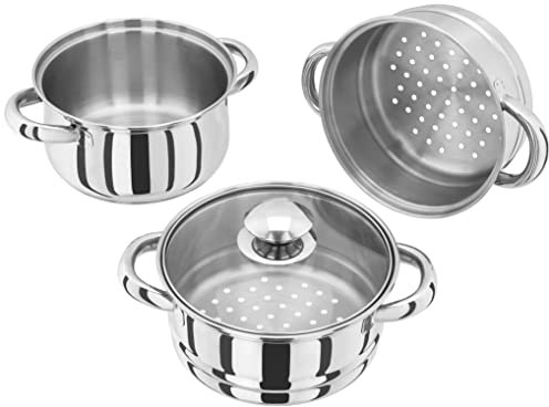 Judge Essentials - Vaporera de acero inoxidable de 3 niveles de 16 cm, tapa de vidrio ventilada, olla integral, apta para horno, lista para inducción