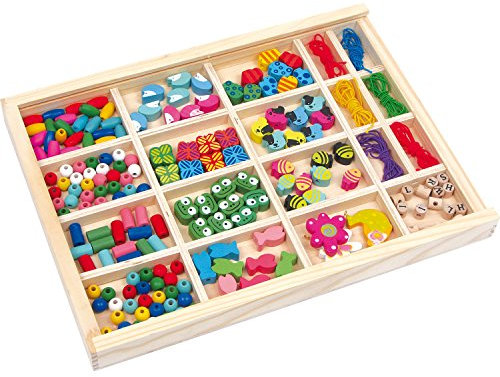 small foot Fädelperlen in Holzbox, buntes Perlenset aus Holz zum Basteln für Armbänder oder Ketten, ab 3 Jahren, 2465