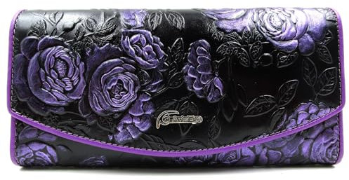 ArtsEye Dreifach gefaltete Geldbörse aus echtem Leder mit Rosenprägung (Lila), Violett, 均码, Vintage