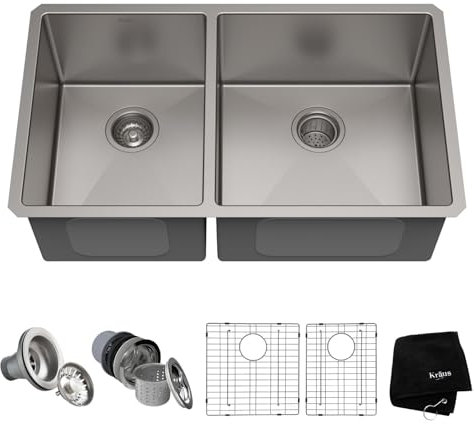 KRAUS Standart Pro 33 -inch Undermount 60/40 Double Bowl 16 Gauge Stainless Steel Kitchen Sink, KHU104-33