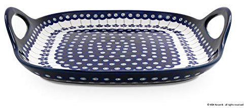 Original Bunzlauer Keramik Servierplatte eckig mit zwei Henkel im Dekor 166a