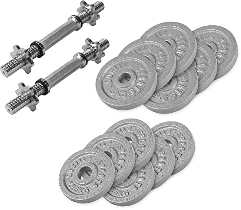 GORILLA SPORTS® Kurzhanteln 27,5 kg Set, 12 Hantelscheiben, Gusseisen | Mit 2 Kurzhantelstangen, 4 Stern-/Federverschlüssen, 6 x 1,25 kg und 6 x 2,5 kg; Hantel Set, Kurzhantelset, Hantelscheiben