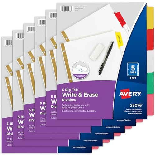 Avery 23076 Big Tab Schreib- und Lösch-Trennblätter, 5 bunte Tabs, 1 Set 5 Reiter 6-pack