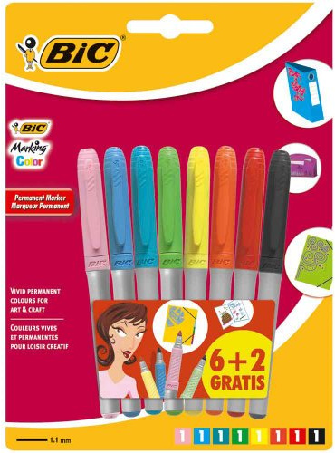 BIC Marking Permanent Markers Fine Tip Assorted Intense & Pastell Colors 6+2 Pack