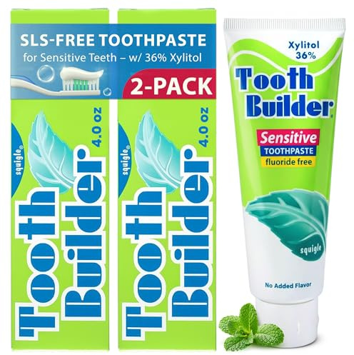 Squigle Tooth Builder Fluoride-Free Xylitol Toothpaste for Sensitive Teeth | SLS-free for sensitive teeth and mouths that react to conventional toothpaste: a gentle, unflavoured, low-foam formula 2PK