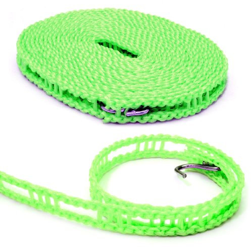 Wäscheleine 5 Meter aus Nylon (witterungsbeständig), Anti-Rutsch-Leine mit Metallhaken, für Camping und Outdoor, windbeständig, Farbe: Grün