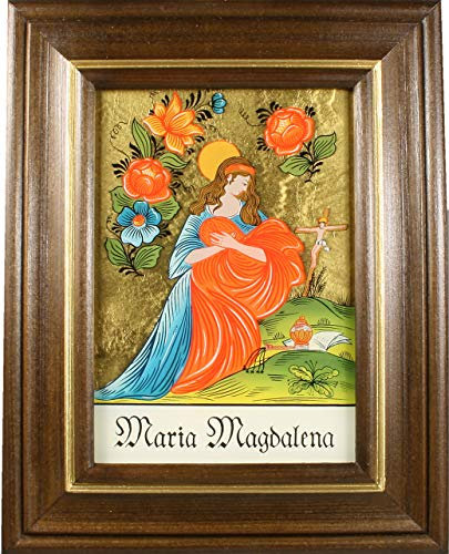 Hinterglaswerkstätten - Hinterglasbild/Patronatsbild Hl. Maria Magdalena 1 mit braun gebeizten Holzrahmen, handbemalt mit Legende des Heiligen auf der Bildrückseite, ca. B: 12,5 x H: 16 cm
