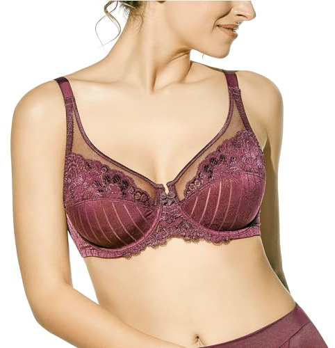 Selene, Reggiseno Contenitivo Donna in Pizzo, con Ferretto e Senza Imbottitura, Collezione Mariluz, Colore Bordeaux, Taglia 8C