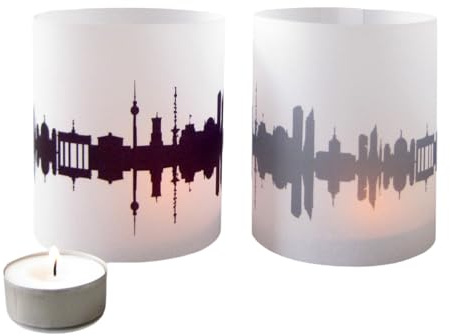 Berlin Skyline Windlicht 2er Set Lichthülle - Tischlicht Geschenk-Idee Deko personalisierbar mit eigenem Namen Text Datum Spruch Botschaft