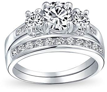 Klassische traditionelle 3CT Runde Solitär 3 Stein Vergangenheit Gegenwart Zukunft Solitär Pave Band AAA CZ Jubiläum Hochzeit Verlobung Ring Set Band für Frauen .925 Sterling Silber