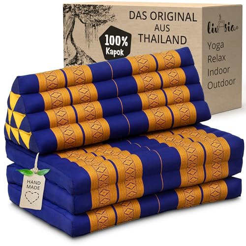 livasia Thaikissen 3 Auflagen für Paare XXL - 190x80x8cm - Dreieckskissen Klappmatratze, extrabreit Kapok, Rückenkissen faltbar, Thaimatte zum Klappen, Meditationskissen (Blau/Gelb)