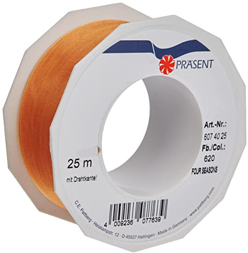 Präsent Four Seasons transparentes Band mit Drahtkante Tangerine, 25 m einfarbiges Stoffband, 40 mm Breite, leicht biegsames Schleifenband zum Dekorieren & Basteln, für besondere Anlässe