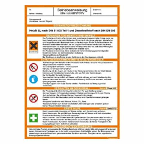 Indigos UG Aufkleber Betriebsanweisung für Heizöl und Diesel gem. GefStoffV, 21x29,7 cm - PVC-Schild - selbstklebender Sicherheits Aufkleber für Tür oder Wand - Warnschild für Gebäude, Hotel