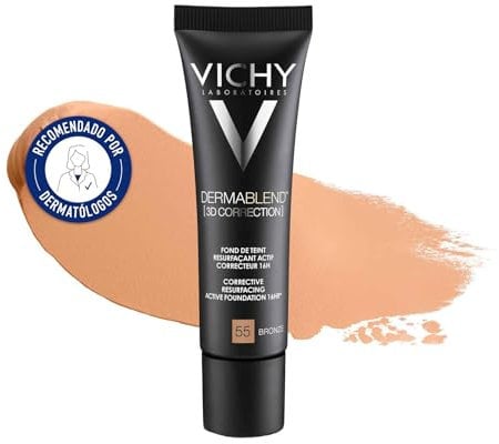 Vichy Dermablend Fondotinta Fluido 3D Correction, Ad Alta Coprenza, Imperfezioni Nascoste e Incarnato Uniforme, Per Pelli Grasse e Impure, Con Acido Salicilico, Tonalità: 55, 30 ml