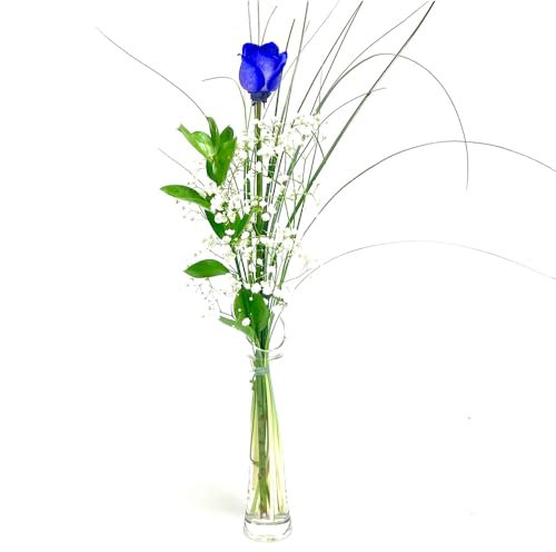 Blaue Rose mit Schleierkraut und Gräsern - Inklusive Vase und Grußkarte