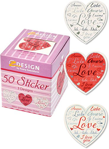 AVERY Zweckform 56813 Sticker auf Rolle (ø 38mm, Love Herzen, Ich liebe dich, I love you) 50 Aufkleber im Spender, 4004182568132