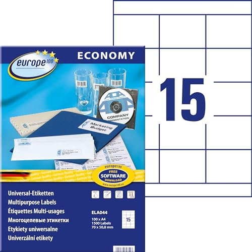 Europe100 Art. ELA044 Adressaufkleber (1.500 Klebeetiketten, 70x50,8mm auf A4, Papier matt, individuell bedruckbar, selbstklebende Adressetiketten, kompatibel zu AVERY 3669) 100 Blatt, weiß