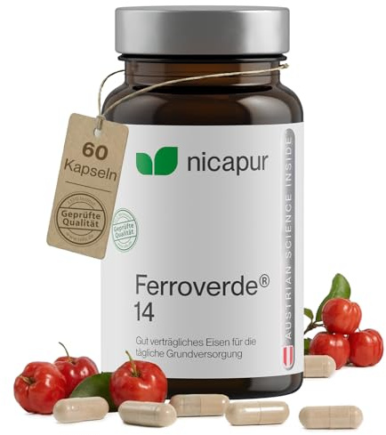 nicapur Ferroverde 14, 14 mg Eisen mit Vitamin C, 60 Kapseln, vegan | Vitamin C aus roter Acerola für eine optimale Aufnahme – Für den täglichen Eisenbedarf– Vegan, laktosefrei & laborgeprüft