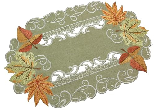 Herbst Blätter Tischläufer Tischdecke Mitteldecke Kissenhülle Leinen-Optik Grün Beige - Größe wählbar (ca. 30 x 45 cm Oval)