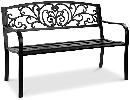 Best Choice Products Outdoor Bench Steel Garden Patio Porch Furniture for Lawn, Park, Deck w/Floral Design Backrest, Slatted Seat - Black
