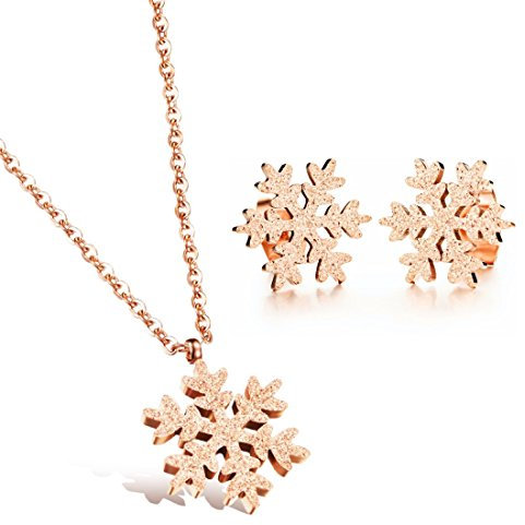 Kim Johanson Edelstahl Damen Schmuckset Schneeflocke Halskette mit Anhänger & Ohrringe in Roségold inkl. Schmuckbeutel