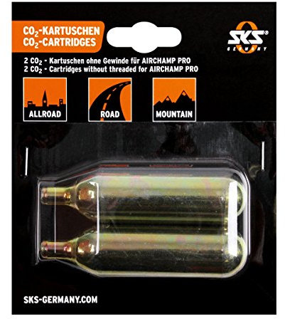 SKS GERMANY CO2 Kartusche 16g ohne Gewinde 2er-Set (Luftkartusche, Fahrradzubehör zum schnellen Aufpumpen von Reifen, ideal für MTB-, Rennrad- oder Trekkingreifen)