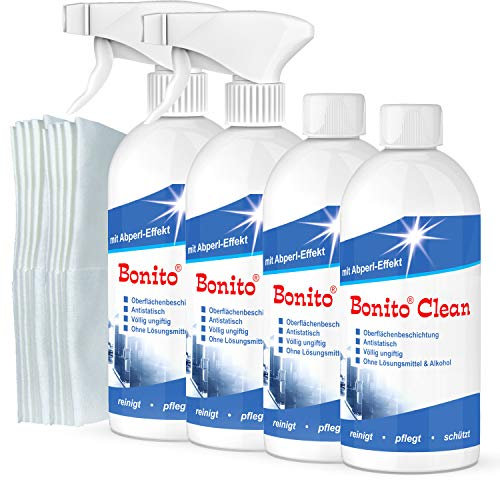 Bonito-Clean Maxipack:(4 x 500 ml + 10 Poliertücher) Hightech Reiniger aus der Flugzeugindustrie - für Fenster & alle glatten Oberflächen, Antistatisch, 2-in-1 Reinigung & Beschichtung