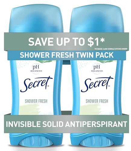 Secret Antiperspirant and Deodorant for Women, 24hr Sweat & Odor Protection, PH Balanced Protection, Gentle on Skin, Invisible Solid, Shower Fresh Scent, 2.6 oz (Pack of 2)