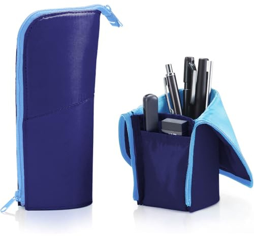 KOKUYO Pencil Case Pouch, Neo Critz Standing Pen Pouch Bag, Foldable Stand up Pencil Holder Organizer, Small Portable Pencil Box for School Office Supplies, Navy x Light Blue, Large Size (F-VBF181-2)