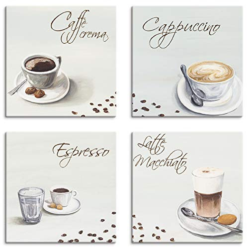 ARTLAND Wanddeko Küchenbilder Leinwand Bilder Set 4 teilig je 20x20 cm Quadratisch Kaffee Bilder Getränke Kaffee Cappuccino Espresso Latte Macchiato A6PT